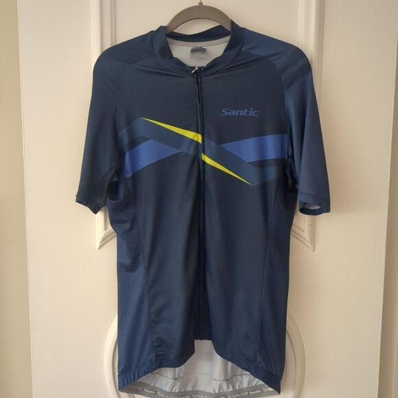 Santic Men's LG Blue Bike Shirt Pockets Cycling Zip Front - Picture 2 of 7